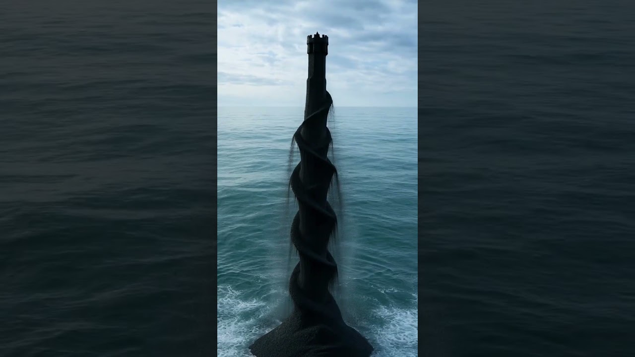Dark tower rising from the sea in Huldufólk